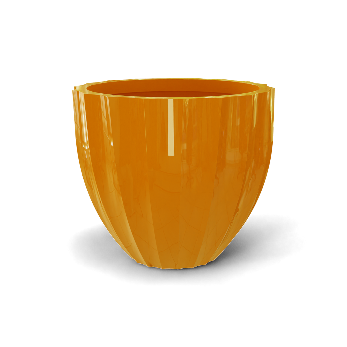 Santa barbara fluted round fiberglass planter in Gloss Tangerine, D 23 in × 20.3 in, studio render