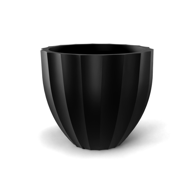 Santa barbara fluted round fiberglass planter in Matte Black, D 23 in × 20.3 in, studio render