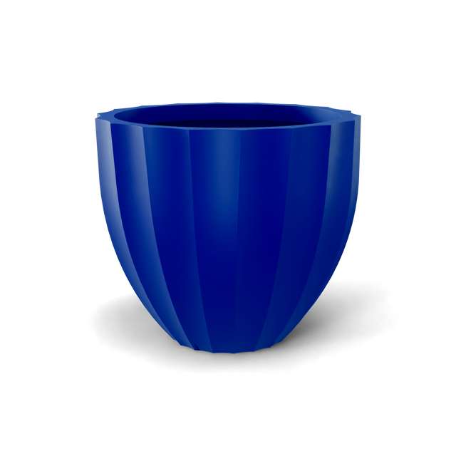 Santa barbara fluted round fiberglass planter in Matte Cobalt Blue, D 23 in × 20.3 in, studio render
