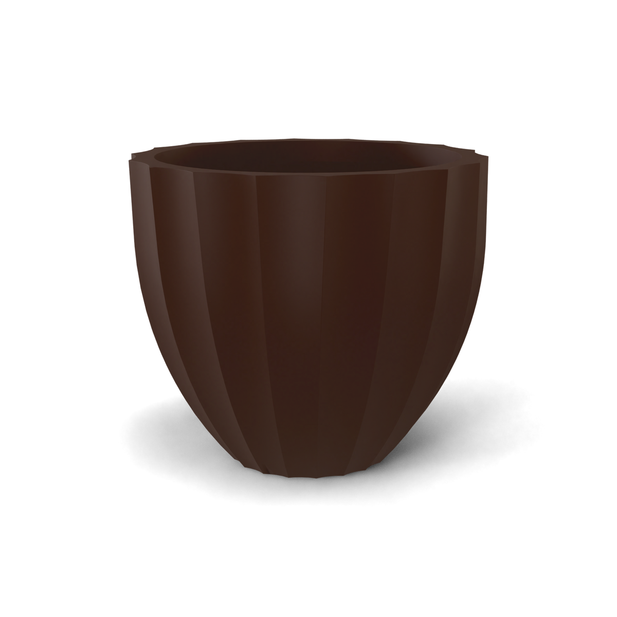 Santa barbara fluted round fiberglass planter in Matte Dark Brown, D 23 in × 20.3 in, studio render