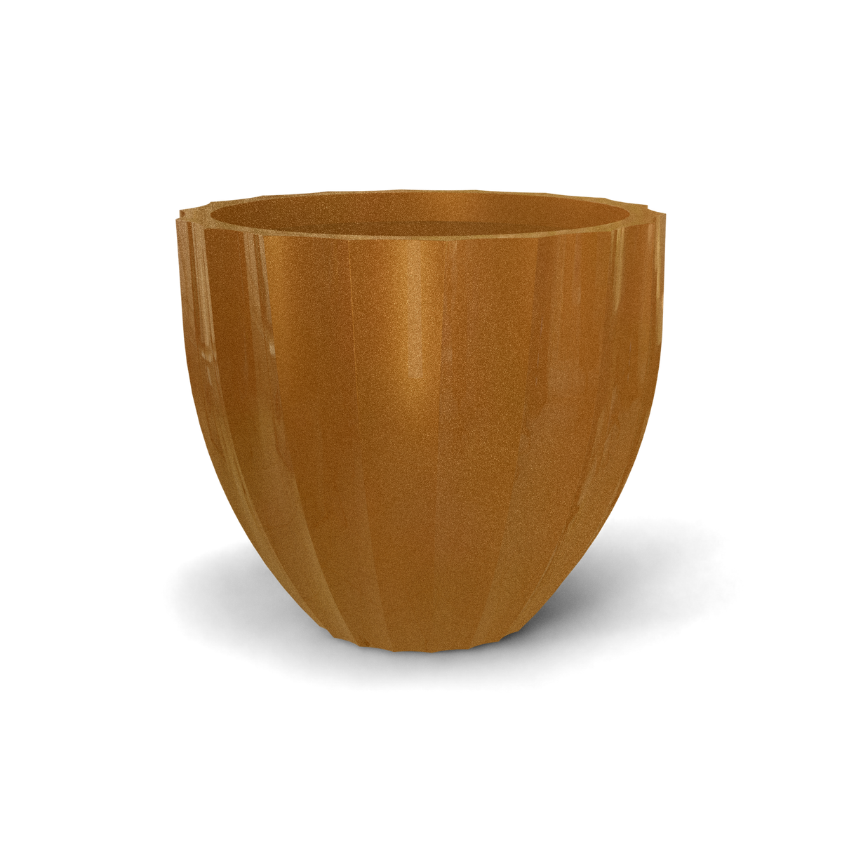 Santa barbara fluted round fiberglass planter in Metallic Bronze, D 23 in × 20.3 in, studio render