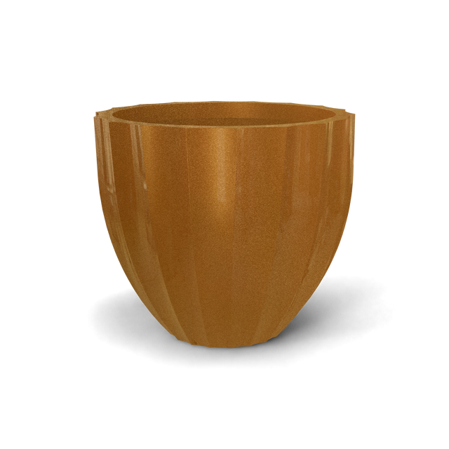 Santa barbara fluted round fiberglass planter in Metallic Bronze, D 23 in × 20.3 in, studio render