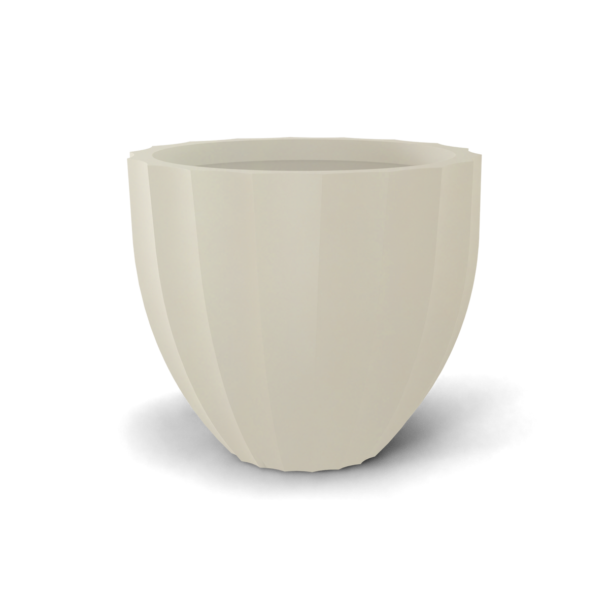 Santa barbara fluted round fiberglass planter in Satin Beige, D 23 in × 20.3 in, studio render