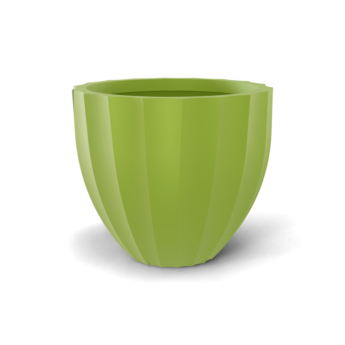 Santa barbara fluted round fiberglass planter in Satin Green, D 23 in × 20.3 in, studio render