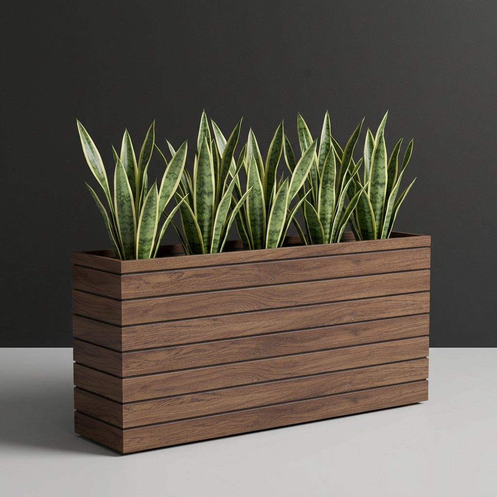 Sedona Tall fiberglass planter in Woodland, planted with row of snake plants, studio