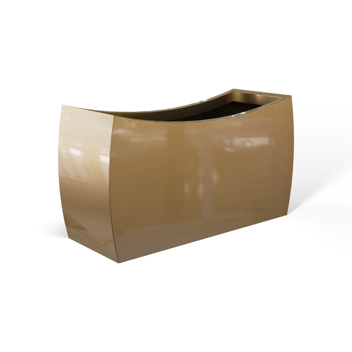 Seoul curved fiberglass planter in Gloss Metallic Gold, 32 × 12 × 18 in, studio render