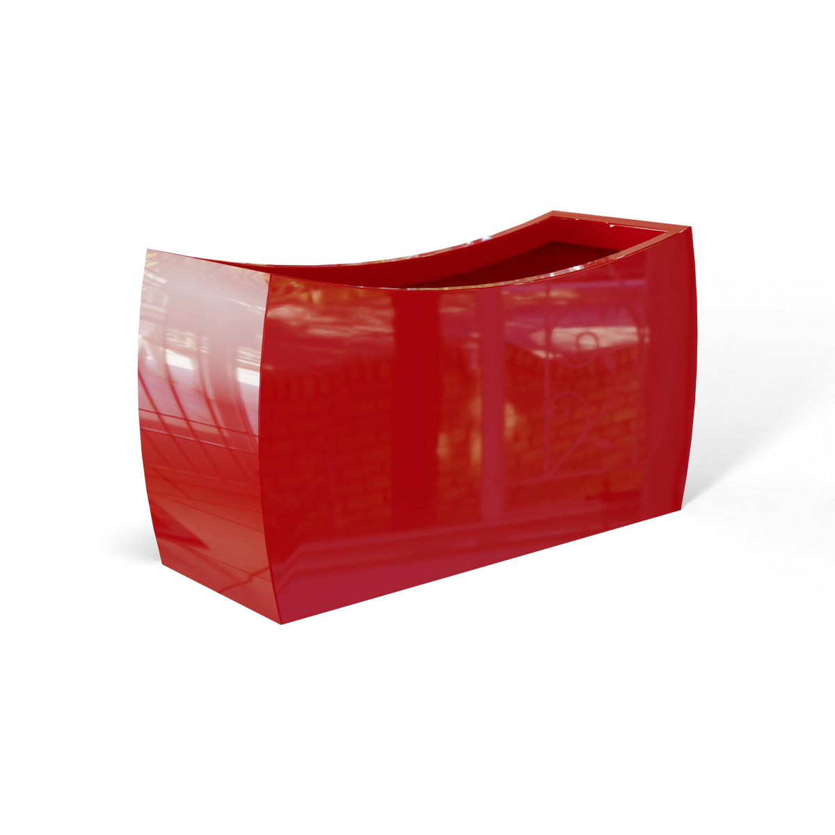 Seoul curved fiberglass planter in Gloss Red, 32 × 12 × 18 in, studio render