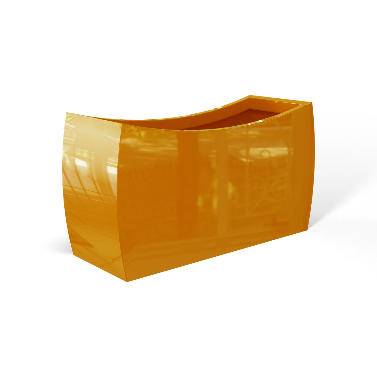 Seoul curved fiberglass planter in Gloss Tangerine, 32 × 12 × 18 in, studio render