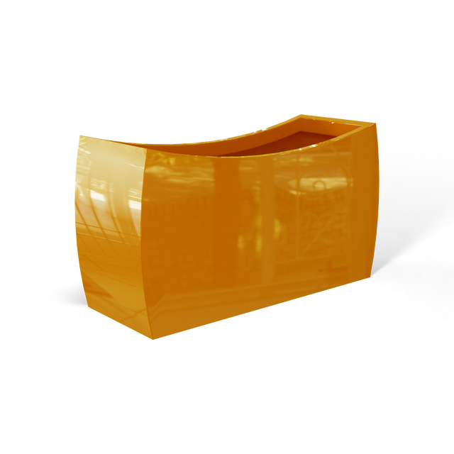 Seoul curved fiberglass planter in Gloss Tangerine, 32 × 12 × 18 in, studio render