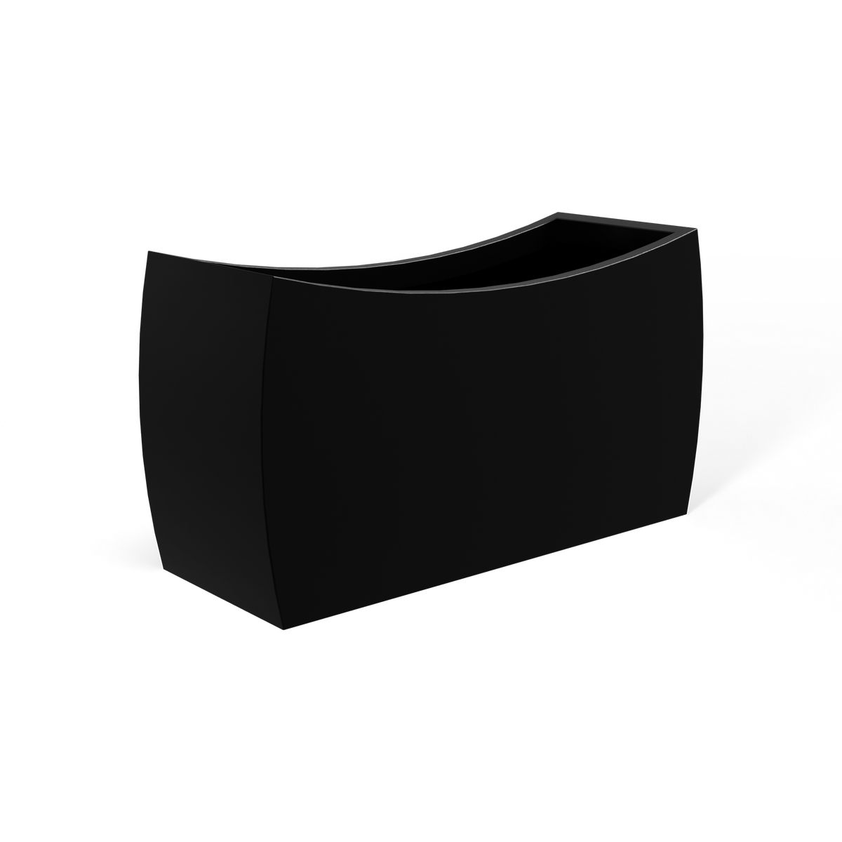 Seoul curved fiberglass planter in Matte Black, 32 × 12 × 18 in, studio render