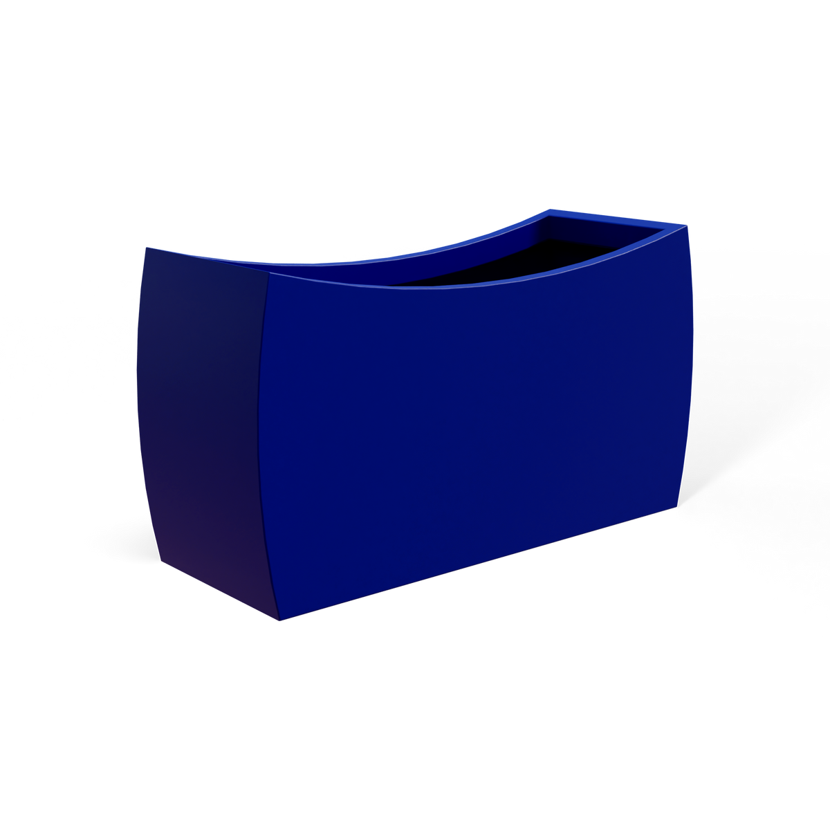 Seoul curved fiberglass planter in Matte Cobalt Blue, 32 × 12 × 18 in, studio render