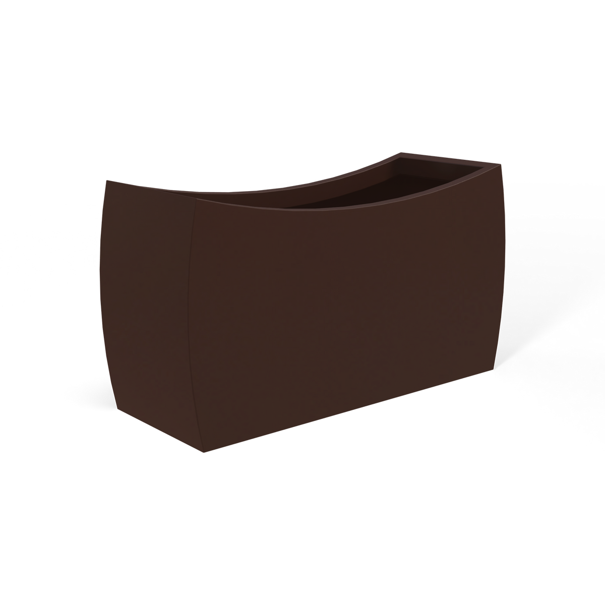 Seoul curved fiberglass planter in Matte Dark Brown, 32 × 12 × 18 in, studio render