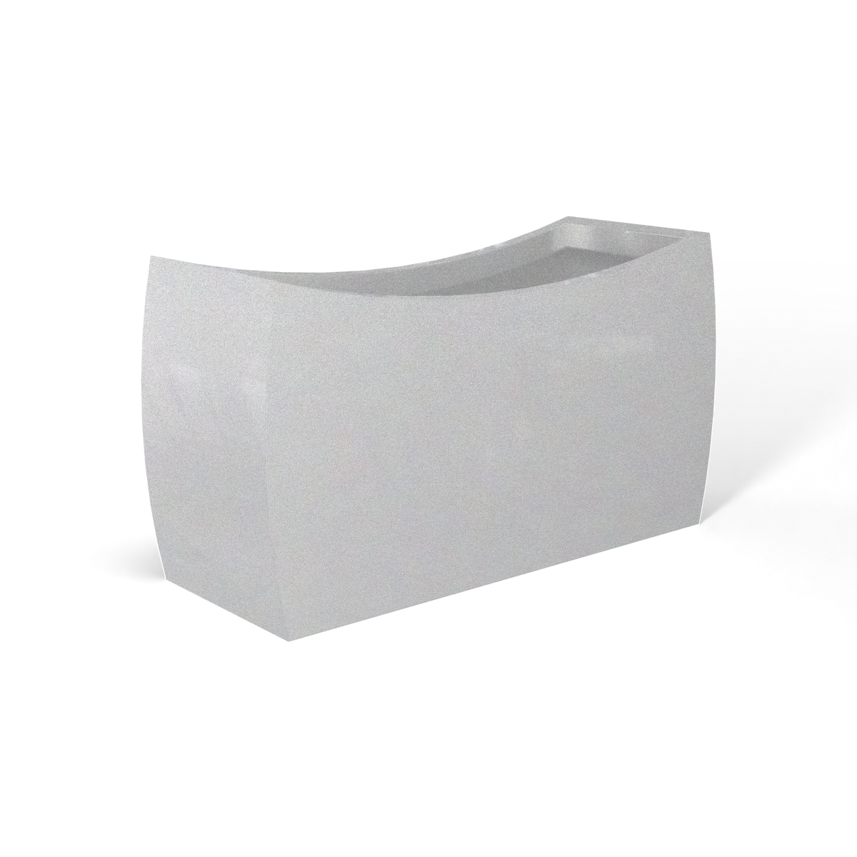 Seoul curved fiberglass planter in Metallic Silver, 32 × 12 × 18 in, studio render