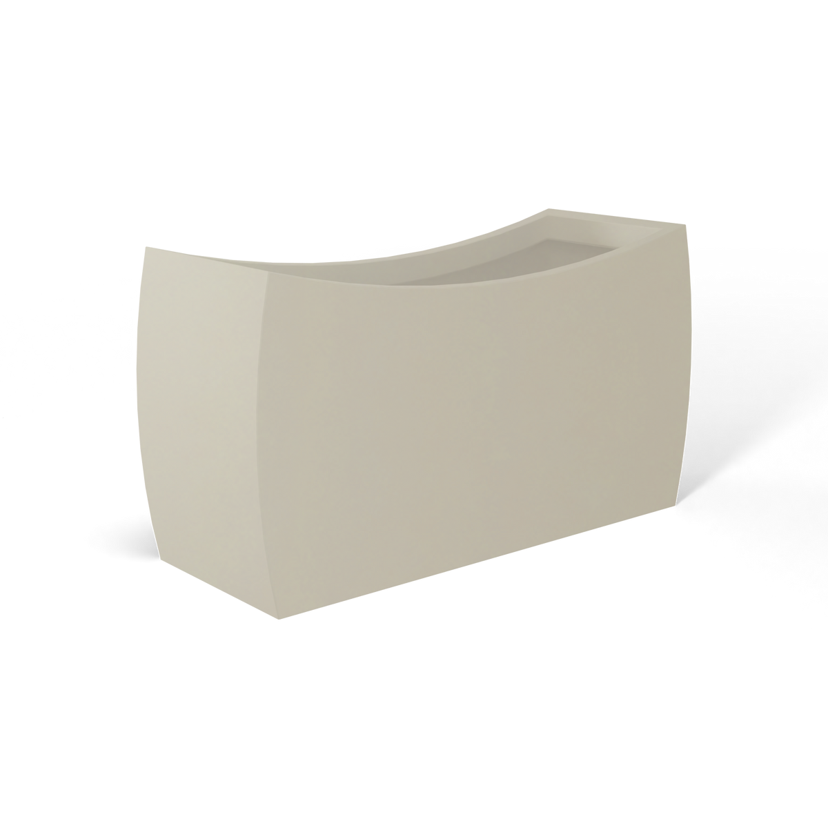 Seoul curved fiberglass planter in Satin Beige, 32 × 12 × 18 in, studio render