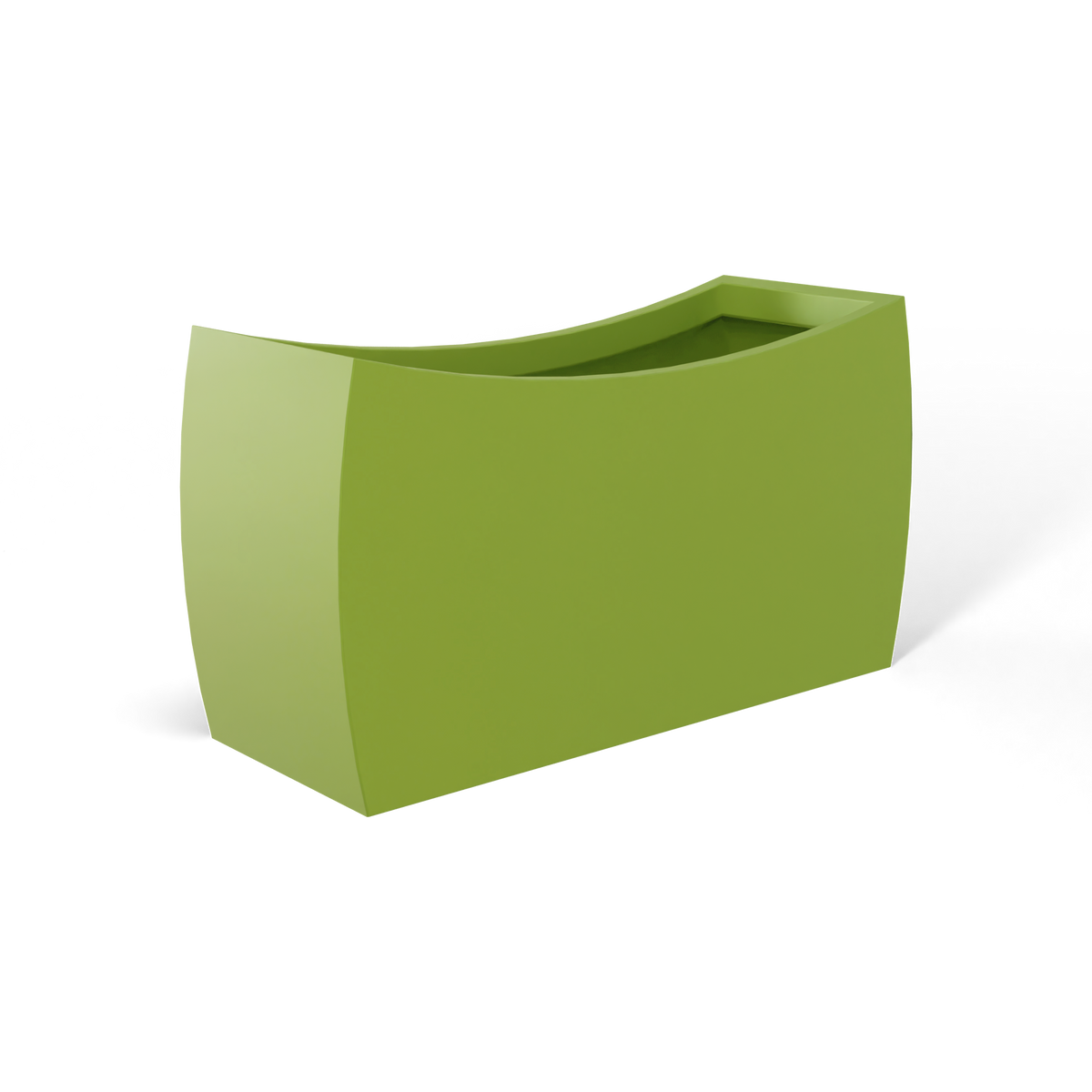 Seoul curved fiberglass planter in Satin Green, 32 × 12 × 18 in, studio render