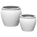 Shanghai fishbowl fiberglass planter shown in all sizes side by side in a studio render for comparing sizes: D 16 in × 14 in, D 21.5 in × 19 in