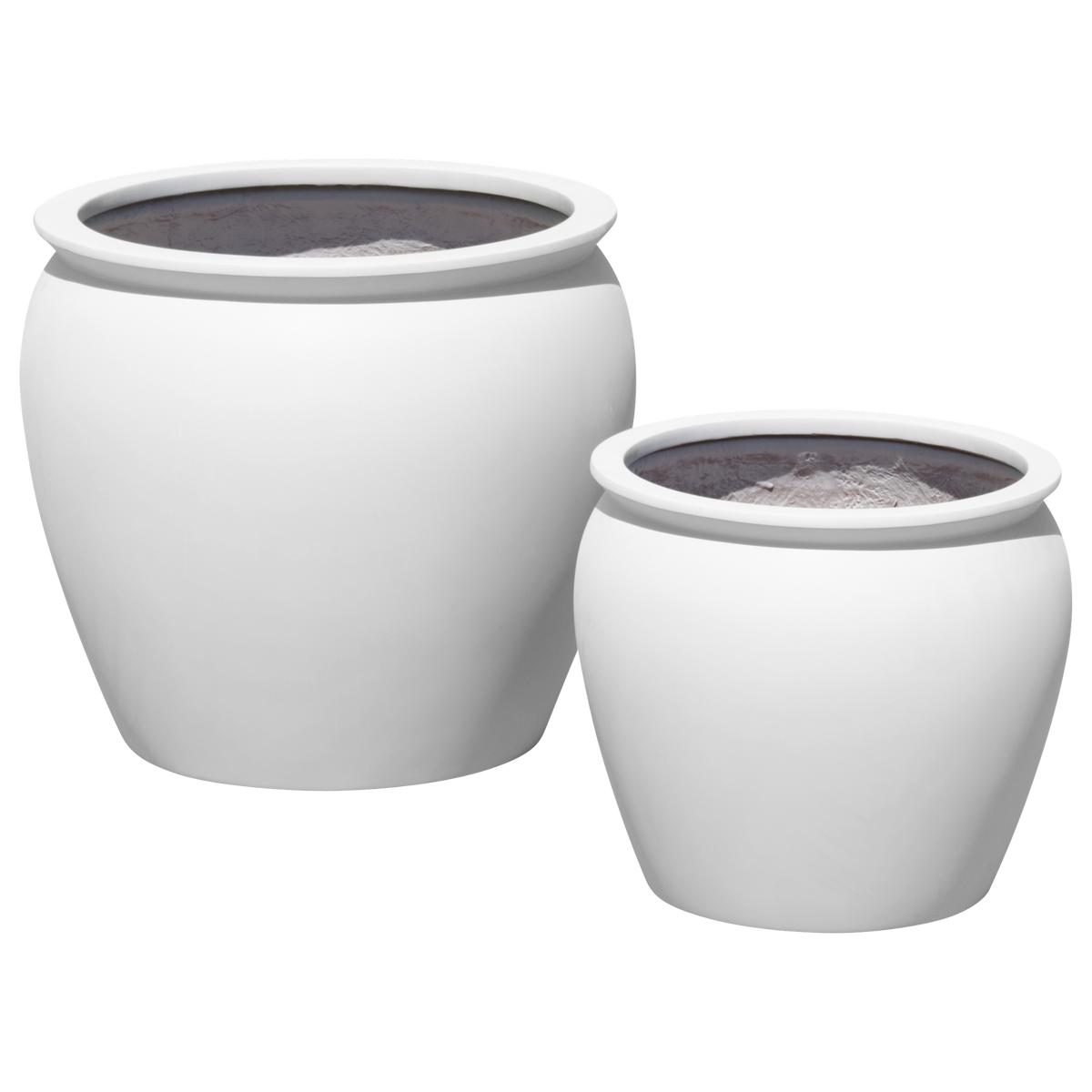 Shanghai fishbowl fiberglass planter shown in all sizes side by side in a studio render for comparing sizes: D 16 in × 14 in, D 21.5 in × 19 in