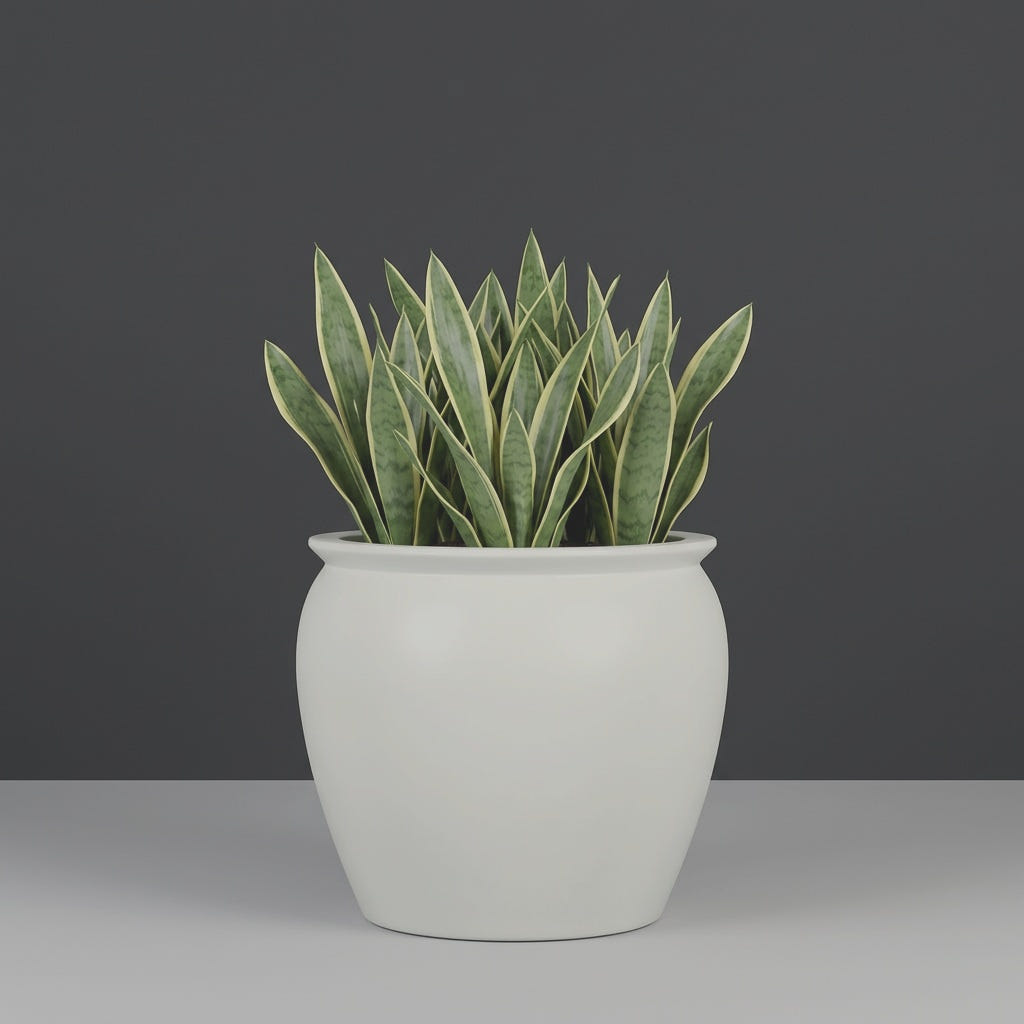 Shanghai Fishbowl fiberglass planter in Matte Cement Grey, planted with cluster of snake plants, studio
