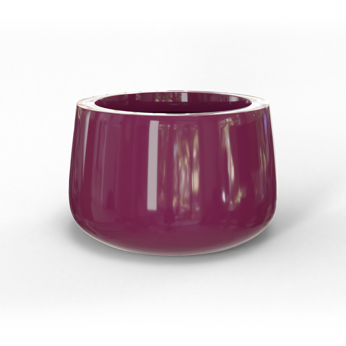Short hayden bowl fiberglass planter in Gloss Eggplant, studio render