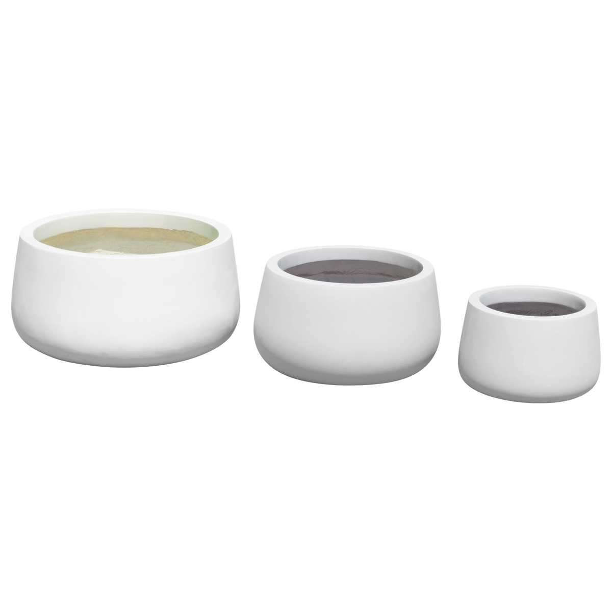 Short hayden bowl fiberglass planter shown in all sizes side by side in a studio render for comparing sizes: D 12 in × 7 in, D 16 in × 8 in, D 20 in × 10 in