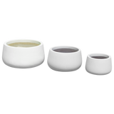 Short hayden bowl fiberglass planter shown in all sizes side by side in a studio render for comparing sizes: D 12 in × 7 in, D 16 in × 8 in, D 20 in × 10 in