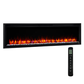 Simplifire Allusion Platinum Recessed Linear Electric Fireplace with glowing flames and crystal ember bed with remote control on white background