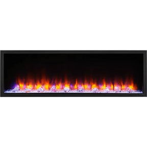 Modern SimpliFire Scion Clean Face Linear Electric Fireplace with vibrant purple and orange flames and crystal-like ember bed