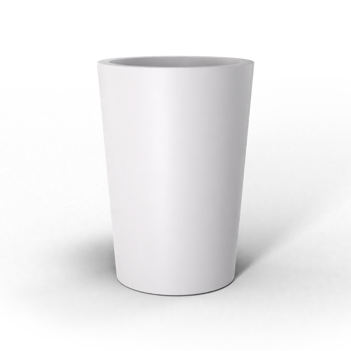 Tegel round tapered fiberglass planter in Matte Bright White, studio render