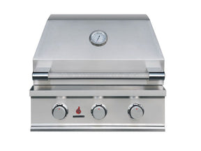 TrueFlame TFE Built-In Gas Grills stainless steel grill with temperature gauge and three control knobs front view