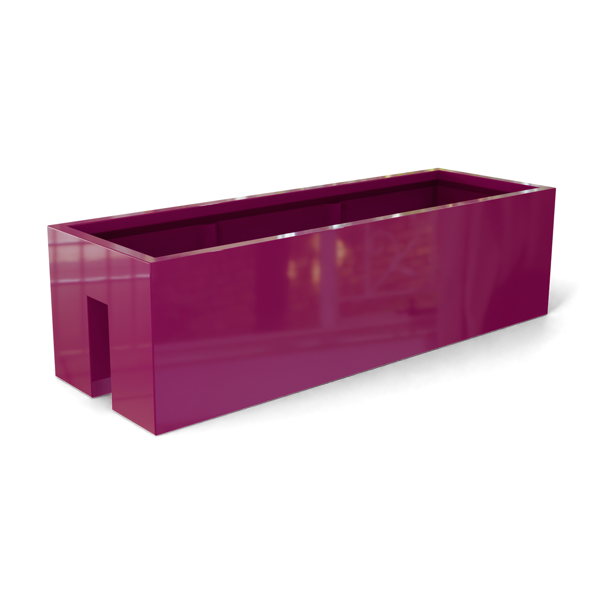 Tiergarden railing fiberglass planter in Gloss Eggplant, 36 × 12 × 10 in, studio render