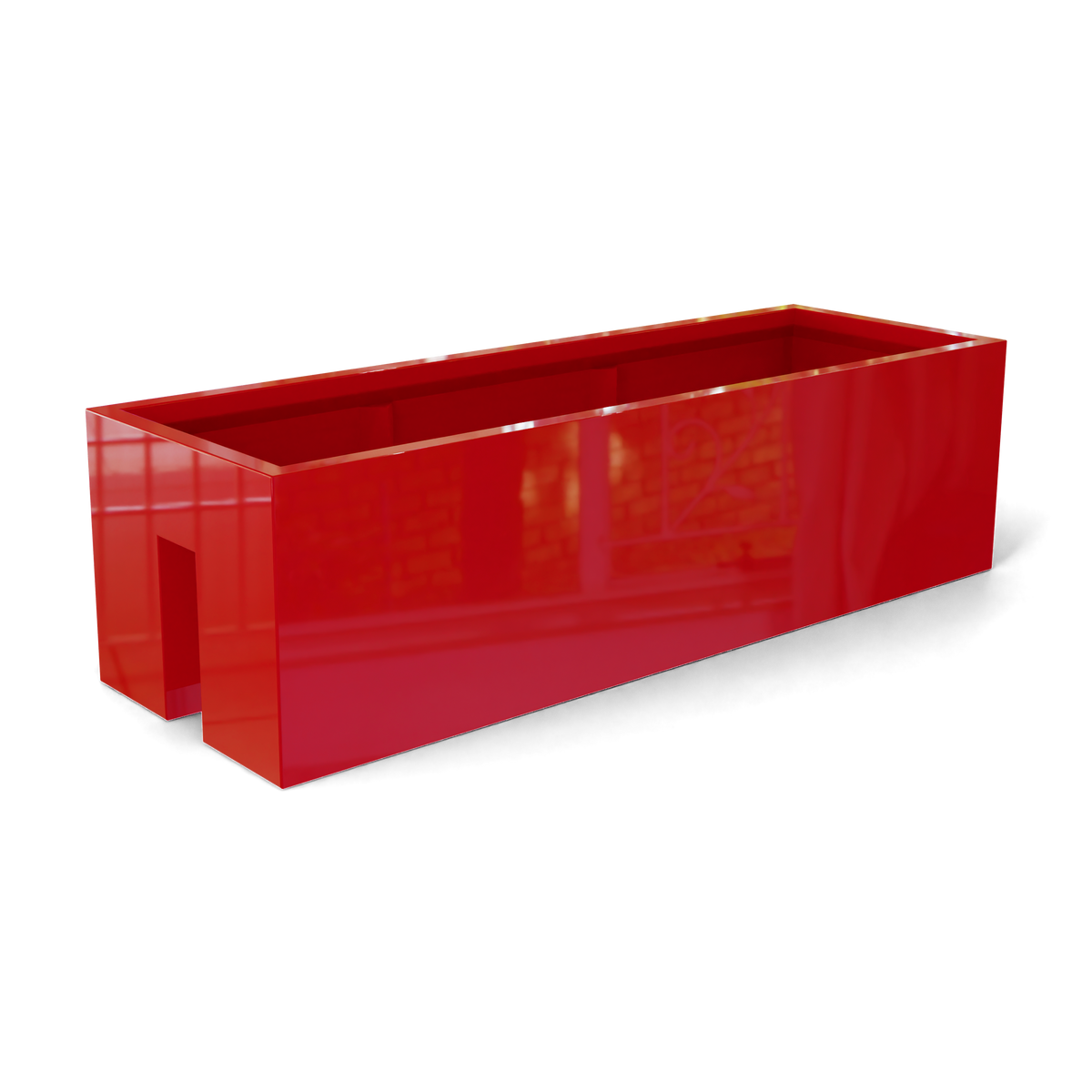 Tiergarden railing fiberglass planter in Gloss Red, 36 × 12 × 10 in, studio render