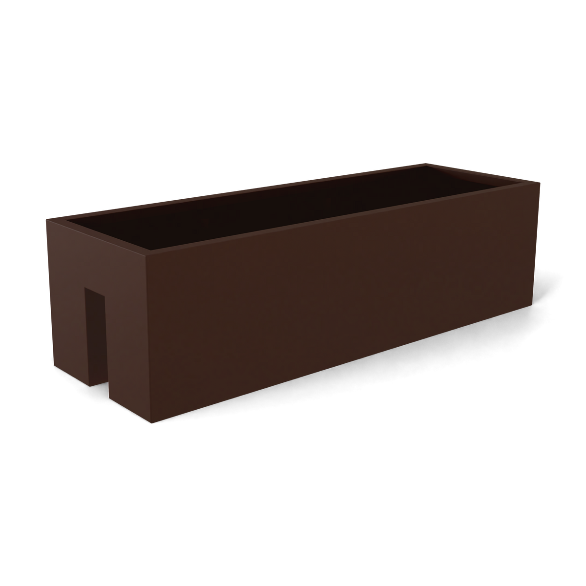 Tiergarden railing fiberglass planter in Matte Dark Brown, 36 × 12 × 10 in, studio render