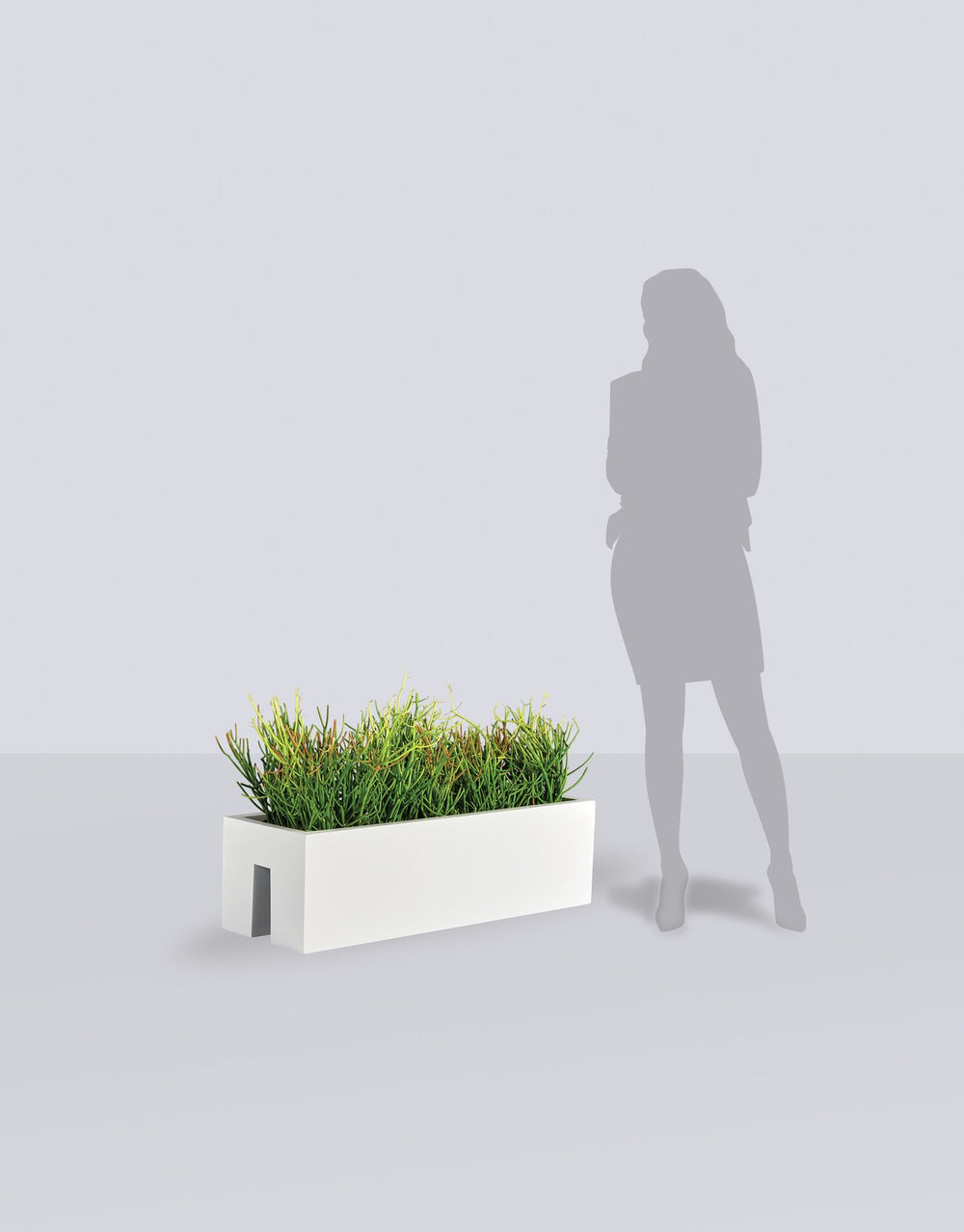 Tiergarden Railing fiberglass planter size range shown to scale beside a standing figure
