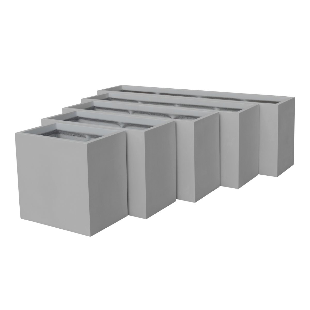 Tolga rectangular fiberglass planters in 36, 48, 60 and 72 in lengths lined up beside the 16 in Tolga corner planter, grey studio render for comparing sizes