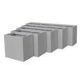 Tolga rectangular fiberglass planters in 36, 48, 60 and 72 in lengths lined up beside the 16 in Tolga corner planter, grey studio render for comparing sizes