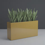 Tolga Rectangular fiberglass planter in Gloss Metallic Gold, planted with row of tall snake plants, studio