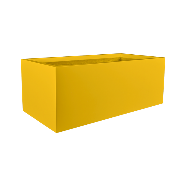 Torino wide rectangular fiberglass planter in Gloss Saffron, studio render