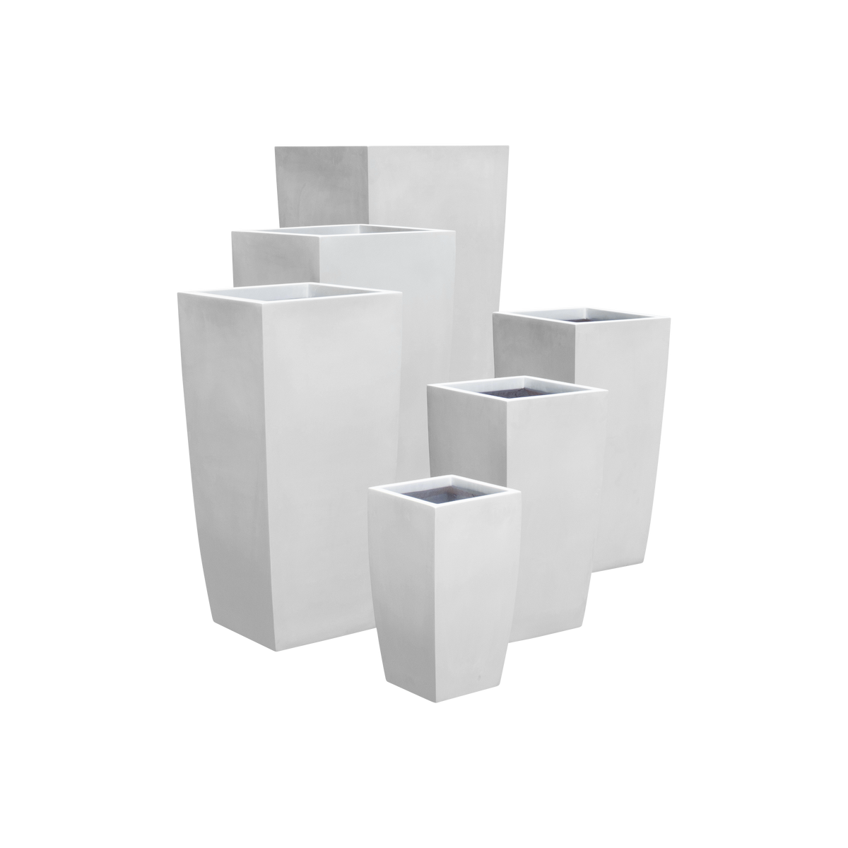 Toulan tapered square fiberglass planter shown in all sizes side by side in a studio render for comparing sizes: 12 × 12 × 22 in, 16 × 16 × 30 in, 20 × 20 × 42 in, 23 × 23 × 48 in, 28 × 28 × 60 in, 18 × 18 × 36 in