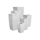 Toulan tapered square fiberglass planter shown in all sizes side by side in a studio render for comparing sizes: 12 × 12 × 22 in, 16 × 16 × 30 in, 20 × 20 × 42 in, 23 × 23 × 48 in, 28 × 28 × 60 in, 18 × 18 × 36 in