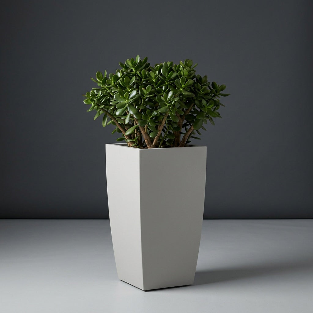 Toulan Tapered Square fiberglass planter in Matte Cement Grey, planted with compact jade plant, studio
