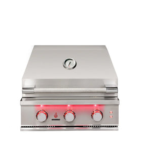 TrueFlame Built-In Gas Grills stainless steel design with LED-lit control knobs and built-in temperature gauge on lid