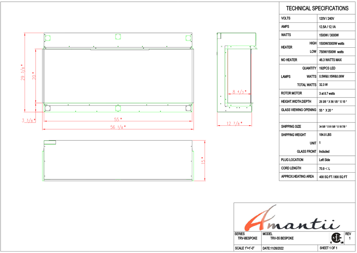 Amantii Tru View Bespoke - 55" Indoor / Outdoor 3 Sided Electric Fireplace TRV-55-BESPOKE - Serene Yards