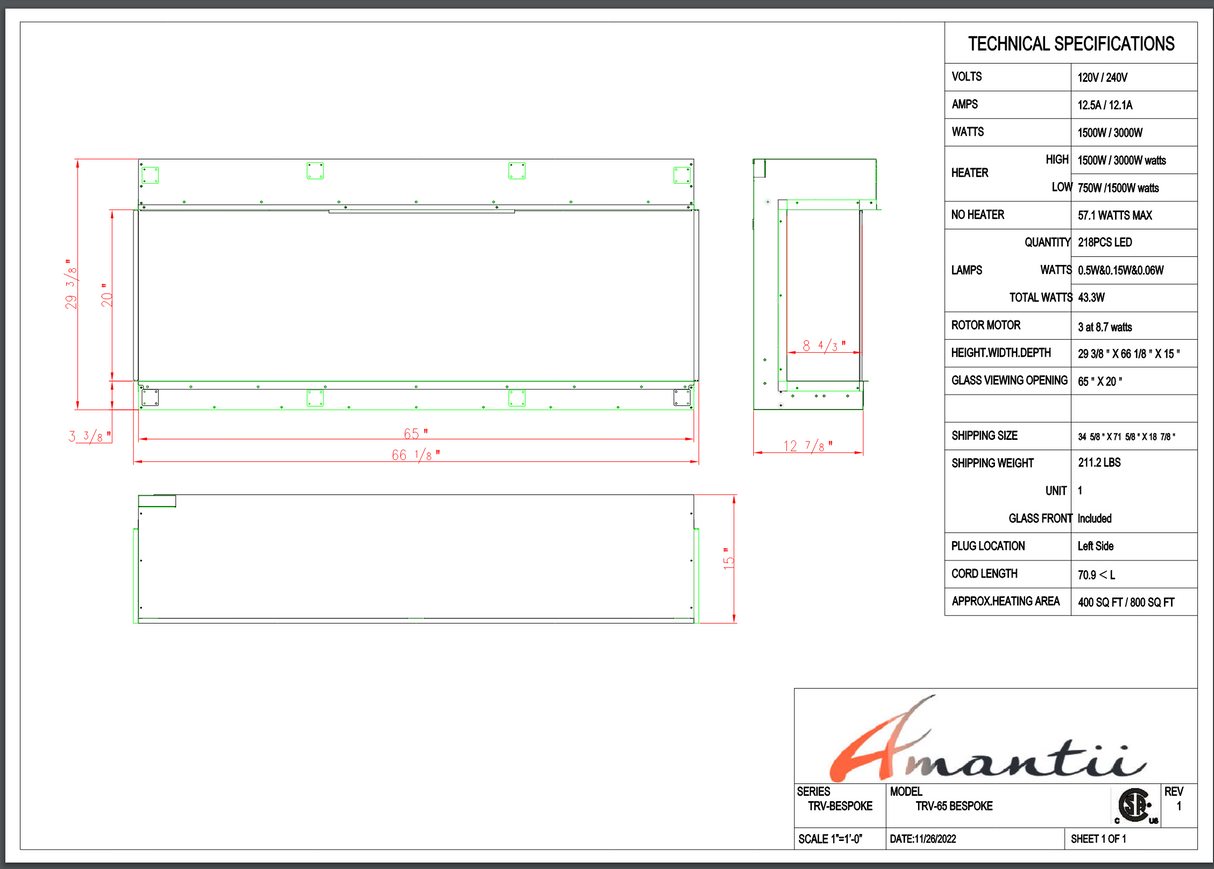 Amantii Tru View Bespoke - 65" Indoor / Outdoor 3 Sided Electric Fireplace TRV-65-BESPOKE - Serene Yards