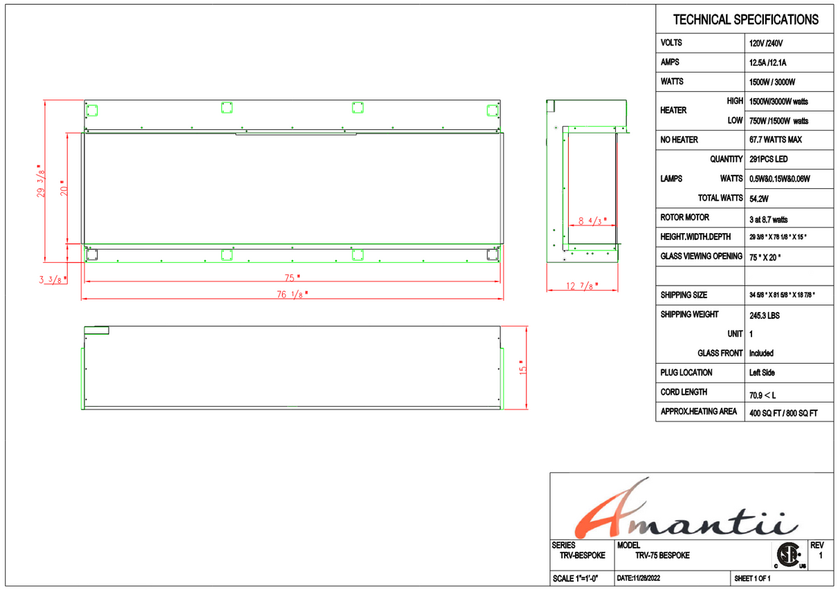 Amantii Tru View Bespoke - 75" Indoor / Outdoor 3 Sided Electric Fireplace TRV-75-BESPOKE - Serene Yards