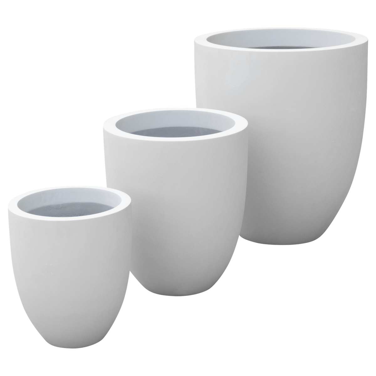 Valencia tapered round fiberglass planter shown in all sizes side by side in a studio render for comparing sizes: D 15 in × 18 in, D 20 in × 23 in, D 27 in × 31 in