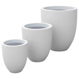 Valencia tapered round fiberglass planter shown in all sizes side by side in a studio render for comparing sizes: D 15 in × 18 in, D 20 in × 23 in, D 27 in × 31 in