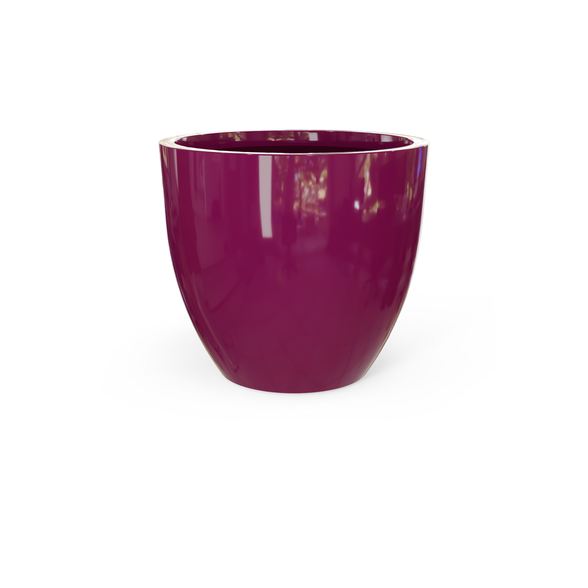 Wannsee round fiberglass planter in Gloss Eggplant, shown empty