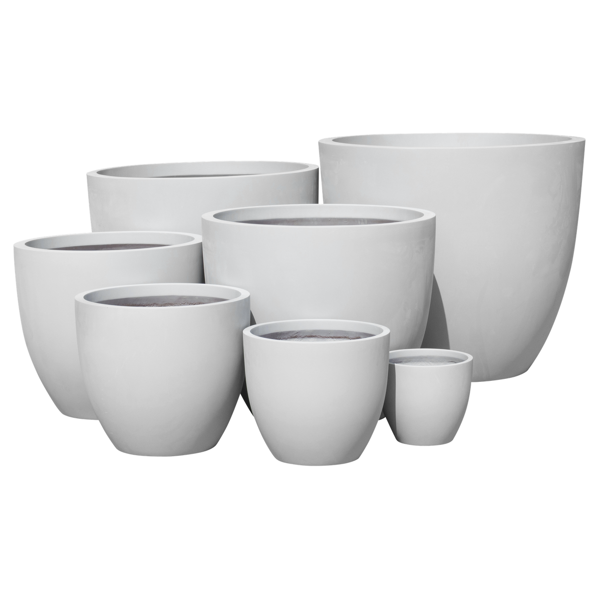 Wannsee round fiberglass planter shown in all sizes side by side in a studio render for comparing sizes: D 15 in × 13 in, D 22 in × 19 in, D 27 in × 24 in, D 33 in × 29 in, D 39 in × 34 in, D 44 in × 39 in, D 50 in × 44 in